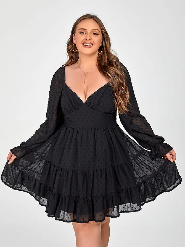 tiered dressPlus Black Polka Dot Mesh Patchwork Flounce Sleeve Dress