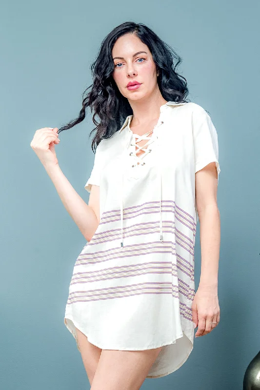 Limited Time Tunic Dress with Lace Up Collar, Rounded Hem and Purple & Gold Stripes (15683)