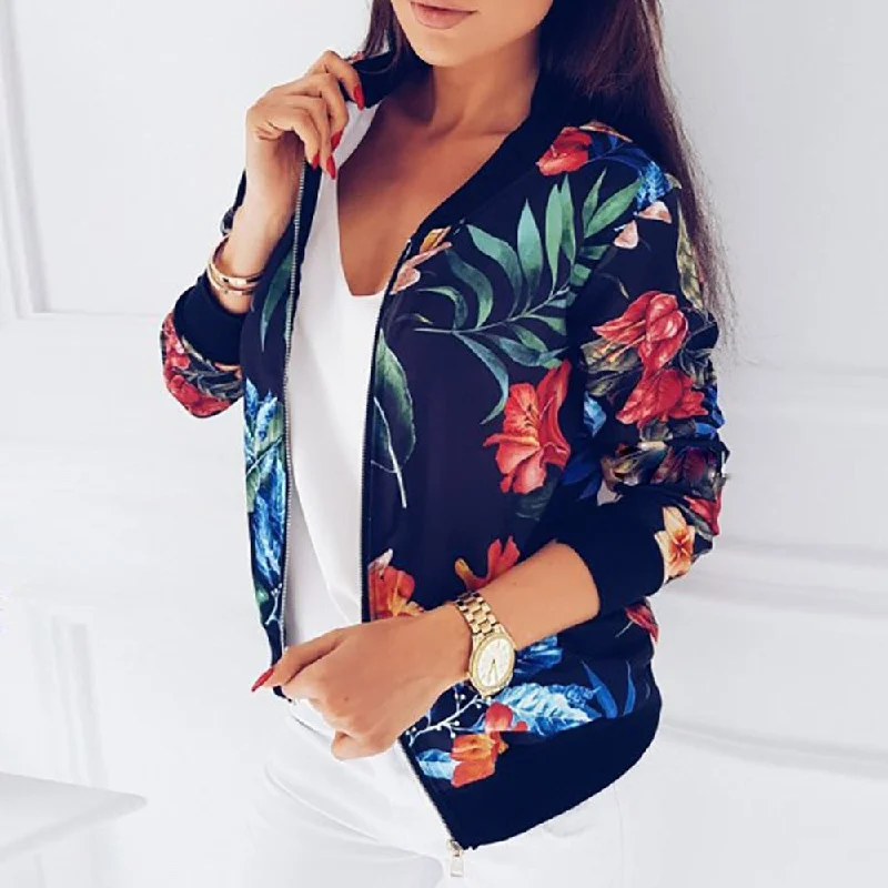 insulated trench coatNew Ladies Ribbed Trim Flower Print Bomber Jacket Women Autumn Printing Long Sleeve Casual Tops Zipper Jacket Outwear Loose Tops