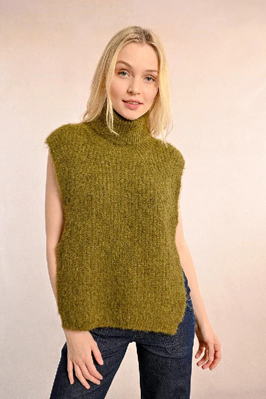 Price Reduction Molly Bracken Sleeveless Openwork Turtle Neck Khaki Sweater