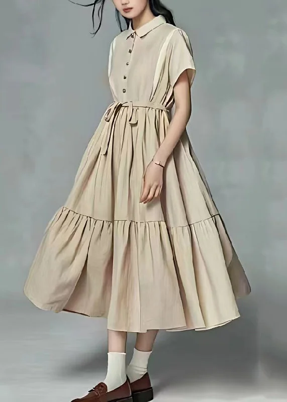 lace-up dressStylish Beige Tie Waist Wrinkled Patchwork Linen Dress Summer