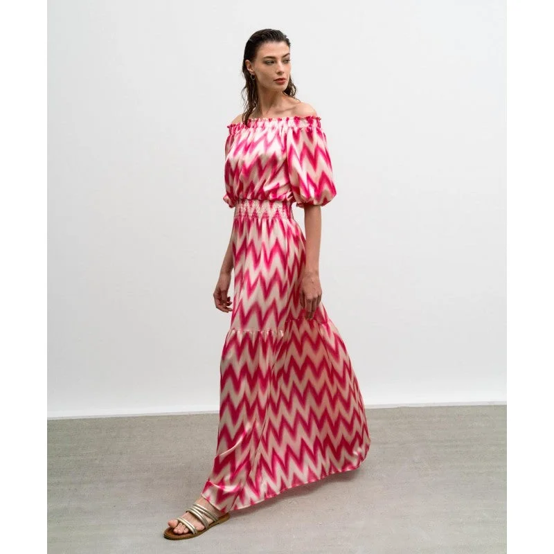 Super Sale Access Off The Shoulder Geometrically Pink/White Printed Dress
