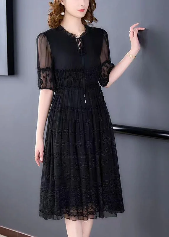 Stock Up and Save New Black Ruffled Embroidered Lace Up Silk Dresses Summer