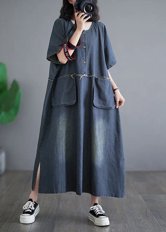 Hot Deal Vintage Denim Blue Patchwork Side Open Button Maxi Dresses Short Sleeve