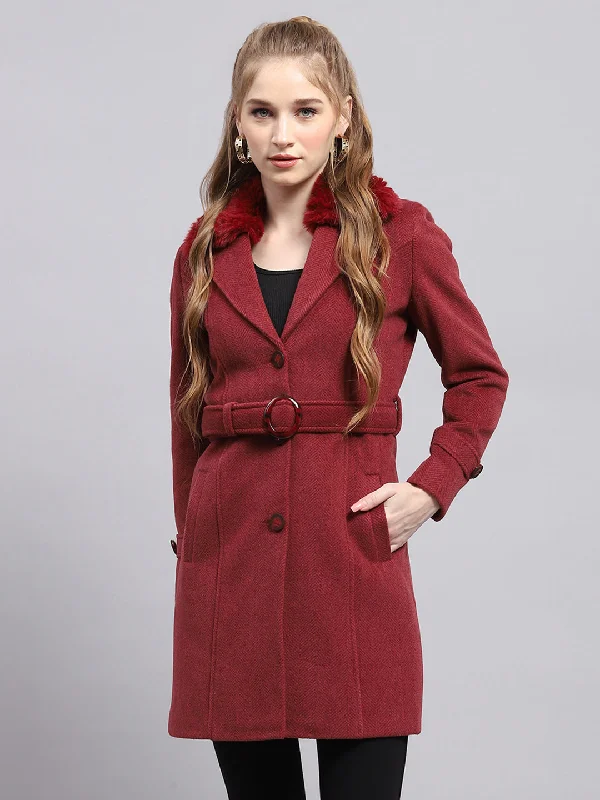 classic bomber jacketWomen Maroon Self Design Collar Full Sleeve Coat