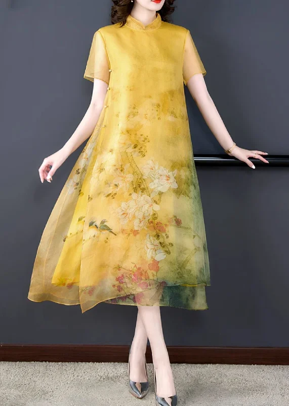 Special Savings Loose Yellow Stand Collar Button Print Silk Long Dress Summer
