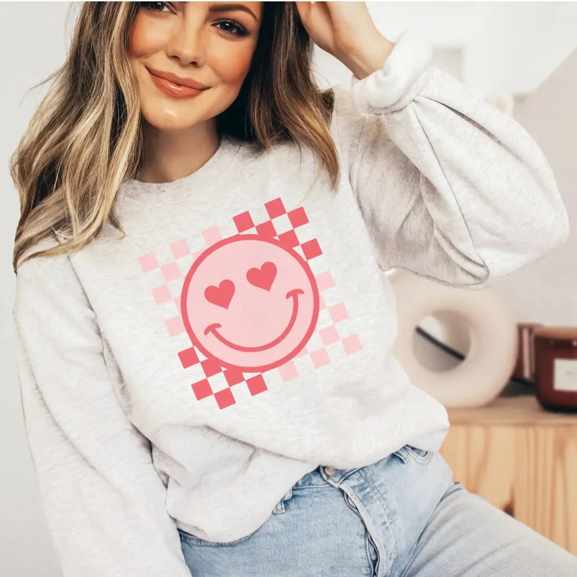 Exclusive Access Checker Valentine Happy Face Crew Neck Sweatshirt