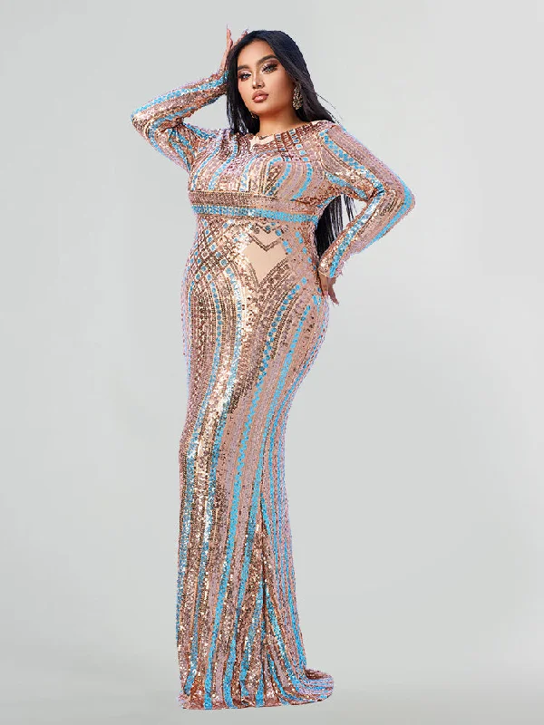 ruched dressPlus Champagne and Multicolor Sequin Embellished High Slit Maxi Dress