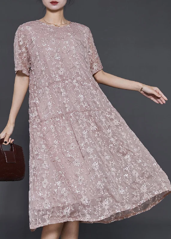 Early Bird Discount French Purple Embroidered Silk Vacation Dress Summer