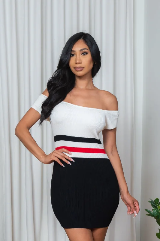 mini dress'Classic Sass' Rib Knit Off Shoulder Cap Sleeve Bodycon Mini Dress in White, Black & Red (187185)