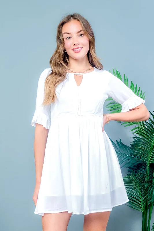 Major Savings Bohemian 3/4 Ruffle Sleeve Solid Mini Dress Front Key Hole  With Linen (1070)