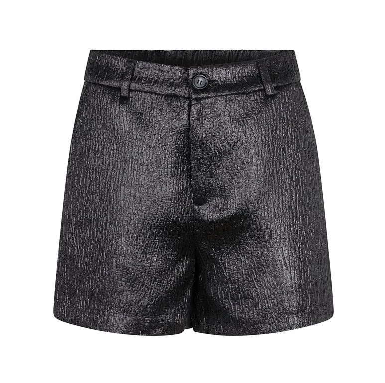 chic wrap dressEsqualo Shimmery Metallic Black Shorts