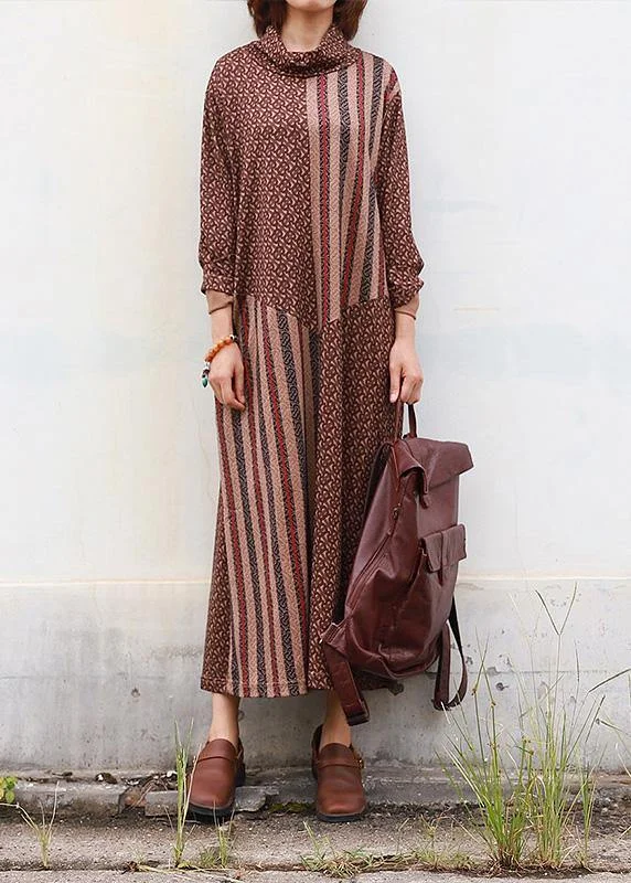 draped dressDIY brown cotton clothes high neck Traveling patchwork Dress