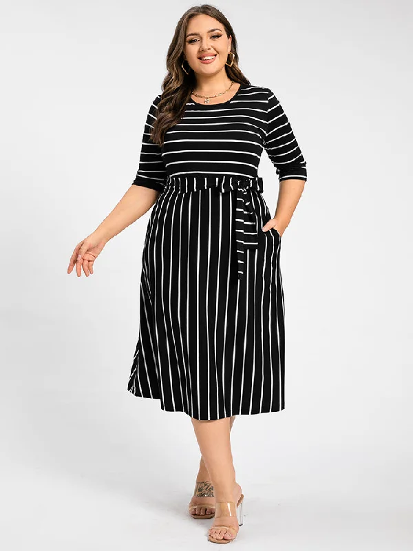 fitted dressPlus Stripe Pattern Round Neck Tie Side Midi Dress