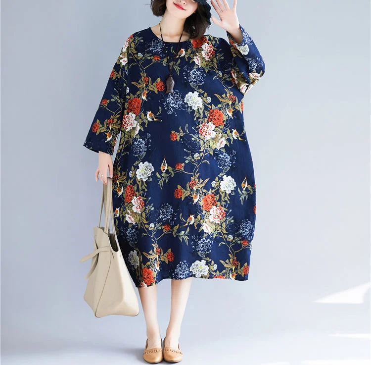 puff sleeve dressHandmade blue print cotton linen Long Fashion Ideas pockets cotton Dress