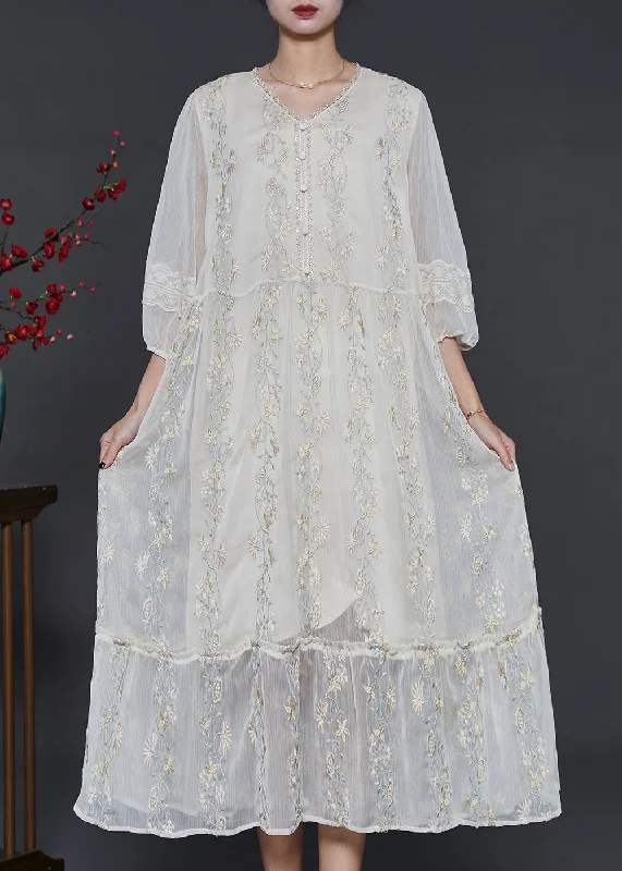 Shop and Save Modern White Embroidered Silk Maxi Dresses Summer