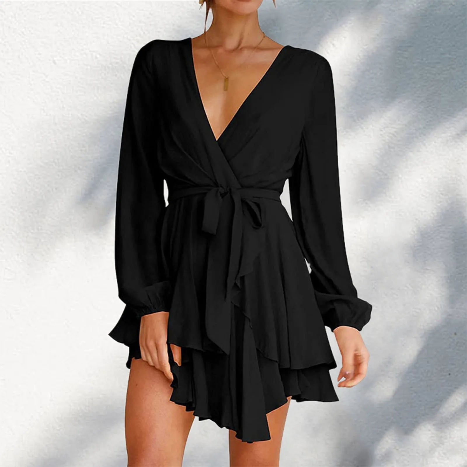 pleated dressJuliaFashion - Deep V-Neck Full Sleeve Waist Tie Ruffle Swing Short Skater Party Solid Color Casual Summer Spring Mini Dress