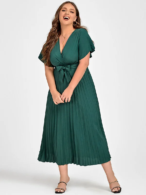 casual slip dressPlus Green Ruffle Sleeve Wrap Midi Dress