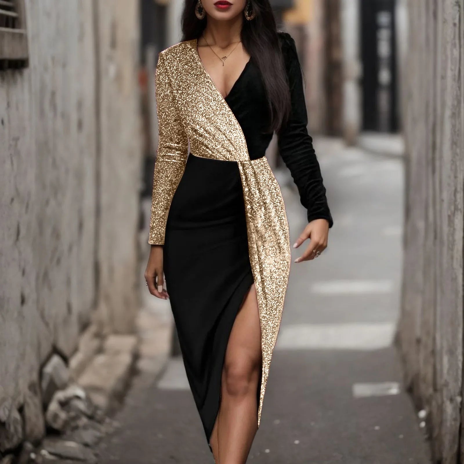 Final Markdown JuliaFashion - Elegant Black Gold Patchwork Luxury Prom Sequins Cocktail Party Evening Chic Long Sleeve High Waist V-Neck Bodycon Dress