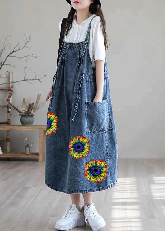 ruffle dressPlus Size Blue-sunflower drawstring pocket Spaghetti Strap Cotton denim Dress Spring