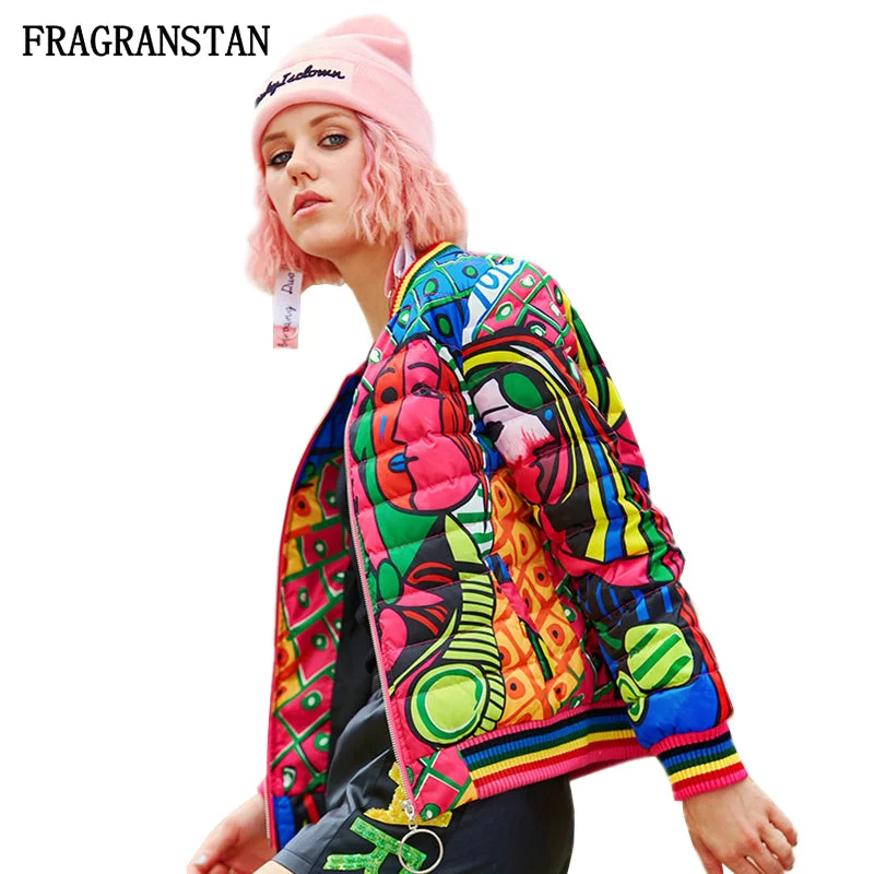 stylish peacoatWomen Winter New Stand Collar Down Jacket Fashion Abstract Print High Quality Parkas Female Casual Slim Baseball Uniform JQ752