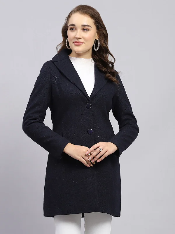 warm outerwearWomen Navy Blue Self Design Notch lapel Collar Full Sleeve Coat