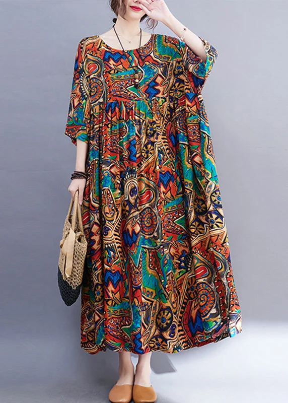 boho dressOrange Print Wrinkled Long Dresses Short Sleeve