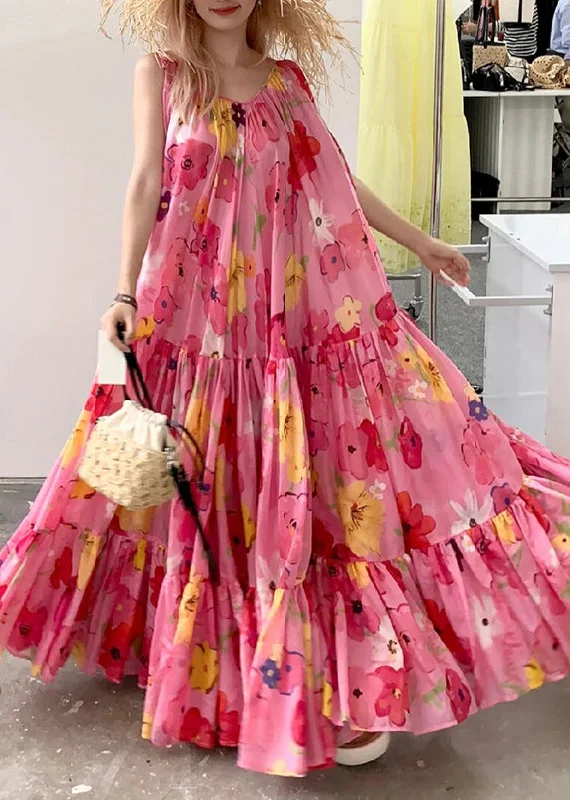 long-sleeve floral dressBohemian Pink Print Wrinkled Patchwork Strap Dress Summer