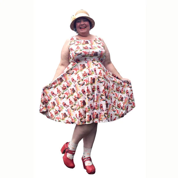 vintage-inspired dressWhole Lotta Hilda Dress midi-length skater-style circle dress featuring plus size pin-up pics