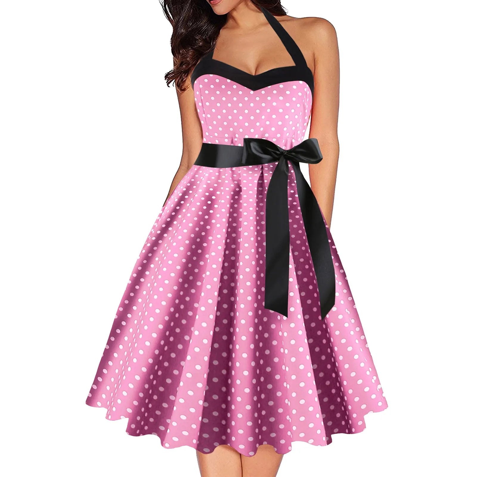 Holiday Sale JuliaFashion - Sexy Retro Polka Dot For Women Audrey Hepburn Vintage Halter 50s 60s Gothic Pin Up Rockabilly Lace Up Robe Dress