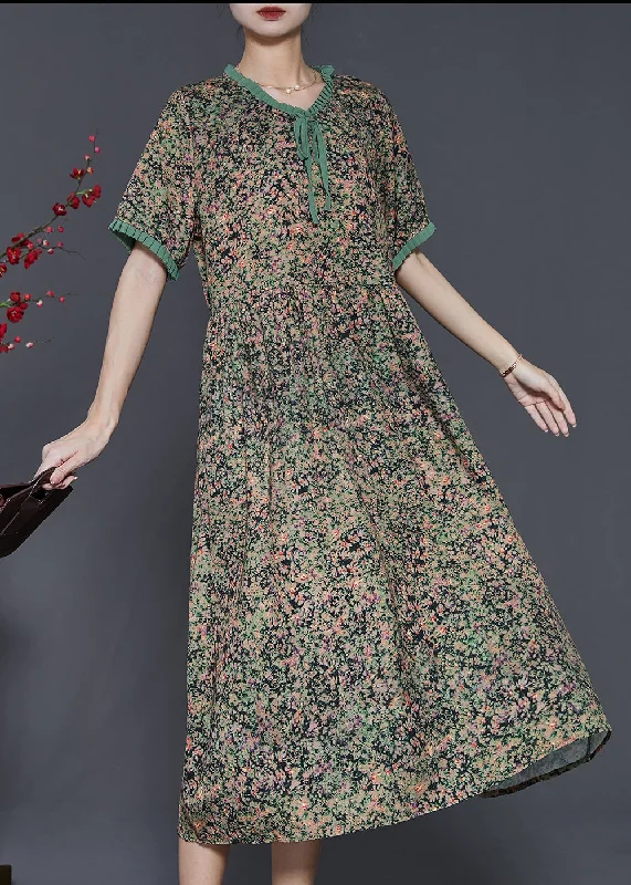 New Deals Unique Green Ruffled Print Chiffon Robe Dresses Summer