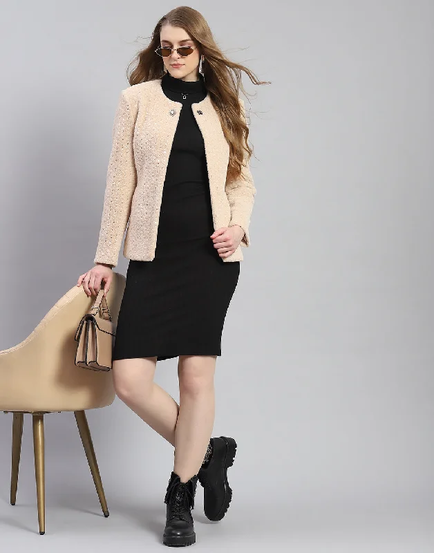 Act Fast Women Beige Embellished H Neck Full Sleeve Coat