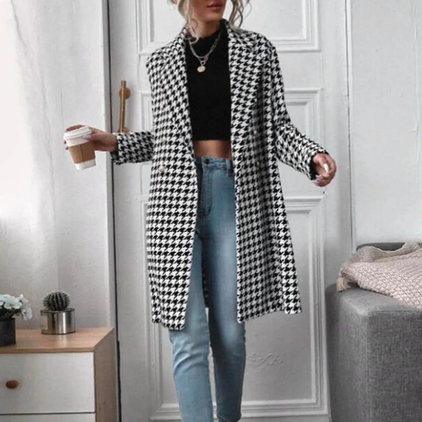 ruched dressJuliaFashion - Wool Blends Houndstooth Long Woolen Jacket 2024 Autumn Winter Fashion Elegant Trench Coat Office Lady Casual Streetwear Dress