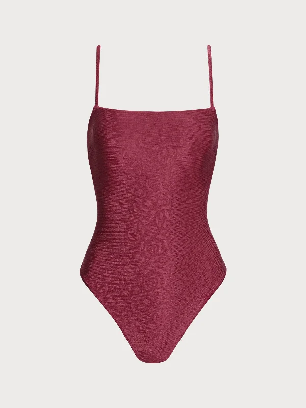 Online Only Burgundy Jacquard X Cross One Pieces Swimsuit