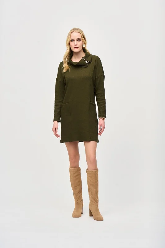 chic slip dressJoseph Ribkoff Olive Needle Rib Zipper Collar Cocoon Dress