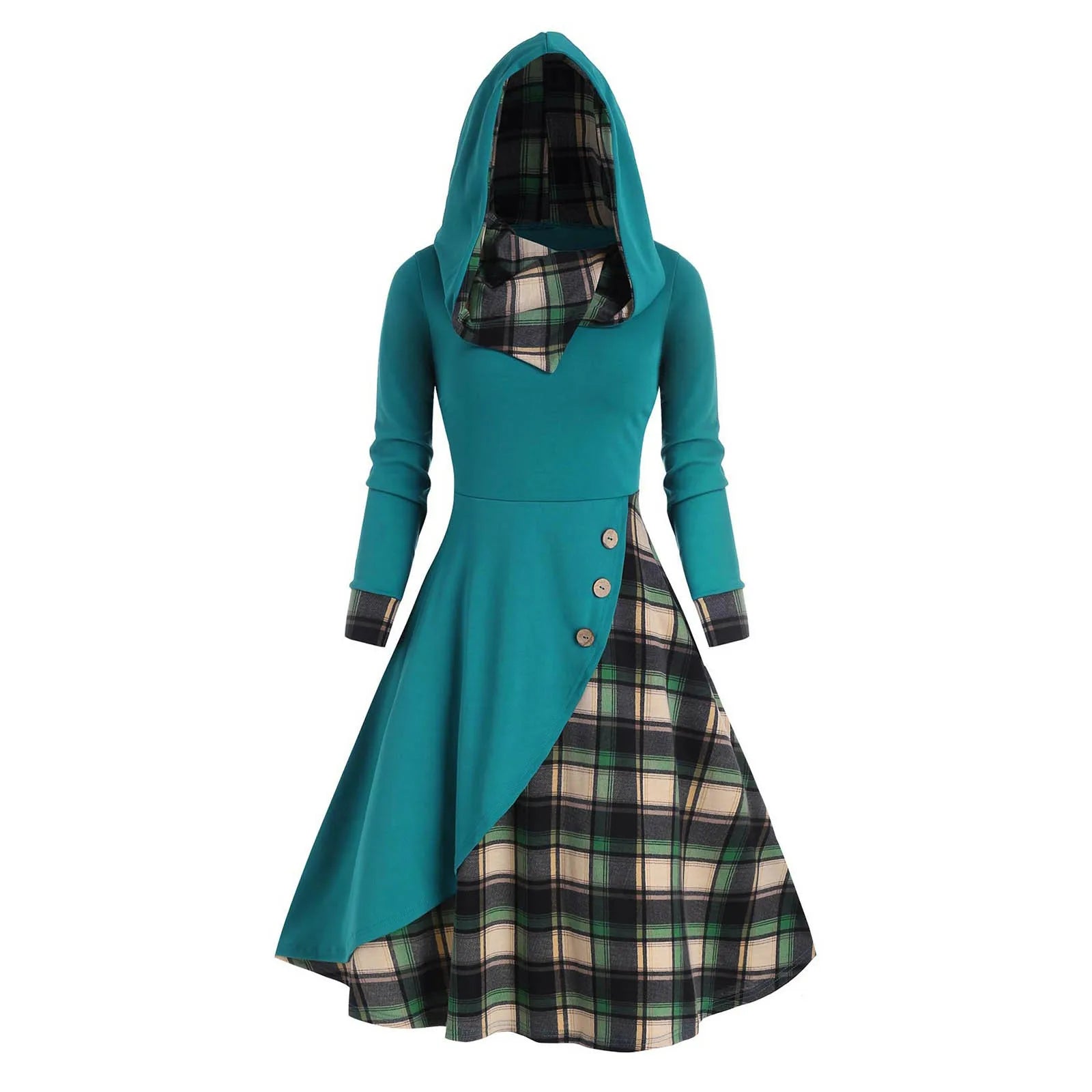 relaxed fit dressJuliaFashion - Y2K Hooded Button Overlap Plaid Gothic Punk Halloween Cosplay Dress