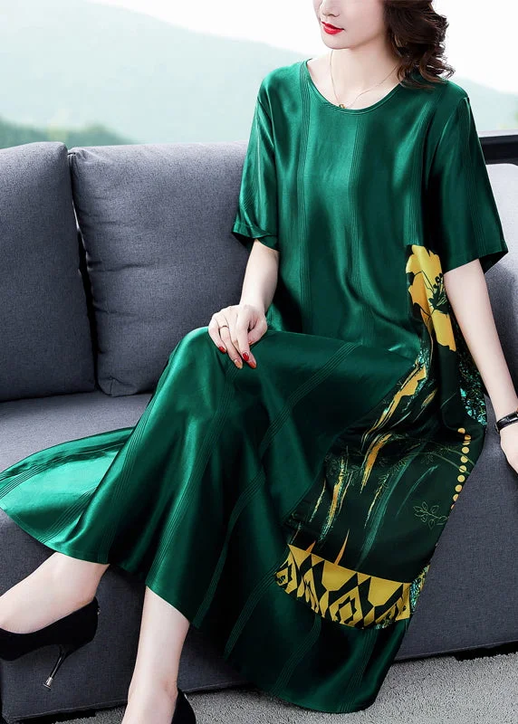 Super Sale Loose Blackish Green O Neck Print Silk Long Dress Summer