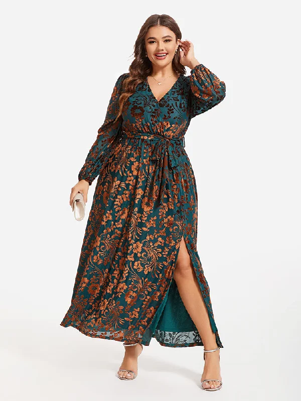 fitted dressFloral Print Belted Split Wrap Velvet Maxi Dress