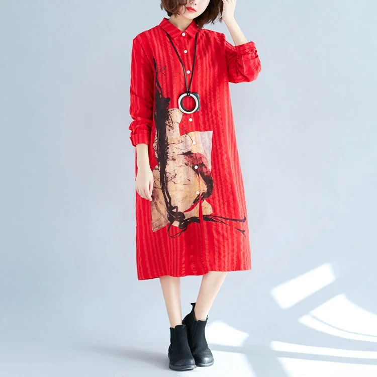 knit dresswomen red cotton shift shirt dresses plus size holiday dresses Elegant long sleeve Turn-down Collar cotton shirt dress