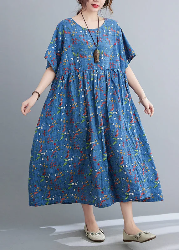 statement dressBlue O-Neck Patchwork Maxi Dress Short Sleeve