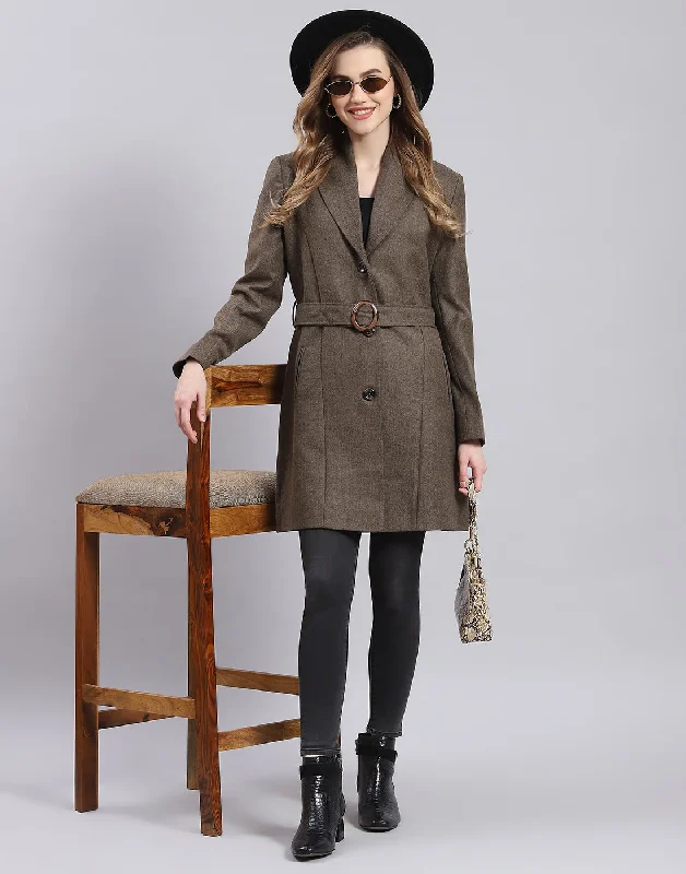 YEAR-End Sale Women Brown Solid Lapel Collar Full Sleeve Coat