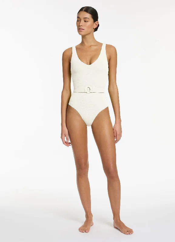 Super Deal Isla Rib V-Neckline Belted One Piece - Cream