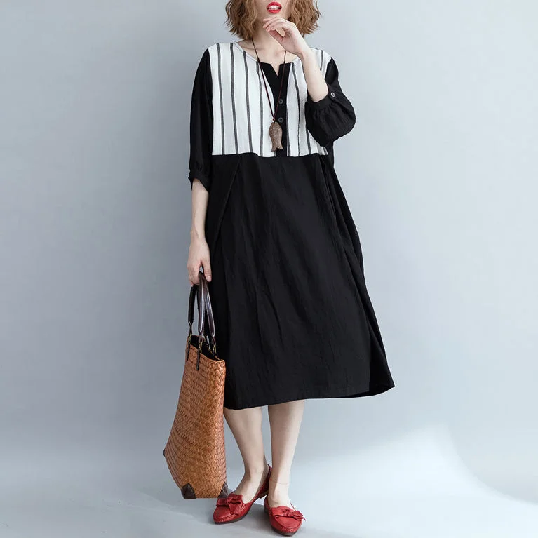 trendy mini dressLoose black striped Cotton clothes Women Fashion Outfits patchwork Plus Size Dress