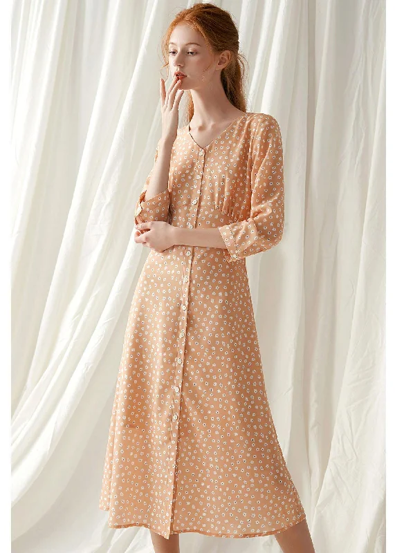 classic fit-and-flare dressFrench light orange floral blended outfit tie waist Traveling fall Dresses