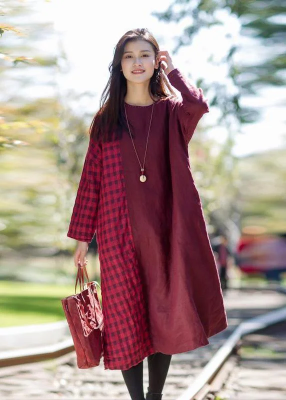 draped dressFrench linen Robes Metropolitan Museum Vintage Plaid Spliced Long Sleeve Midi Dress