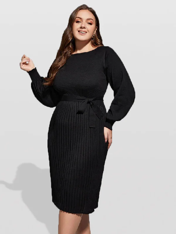 shift dressPlus Black Solid Tie Lantern Sleeves Midi Knit Dress