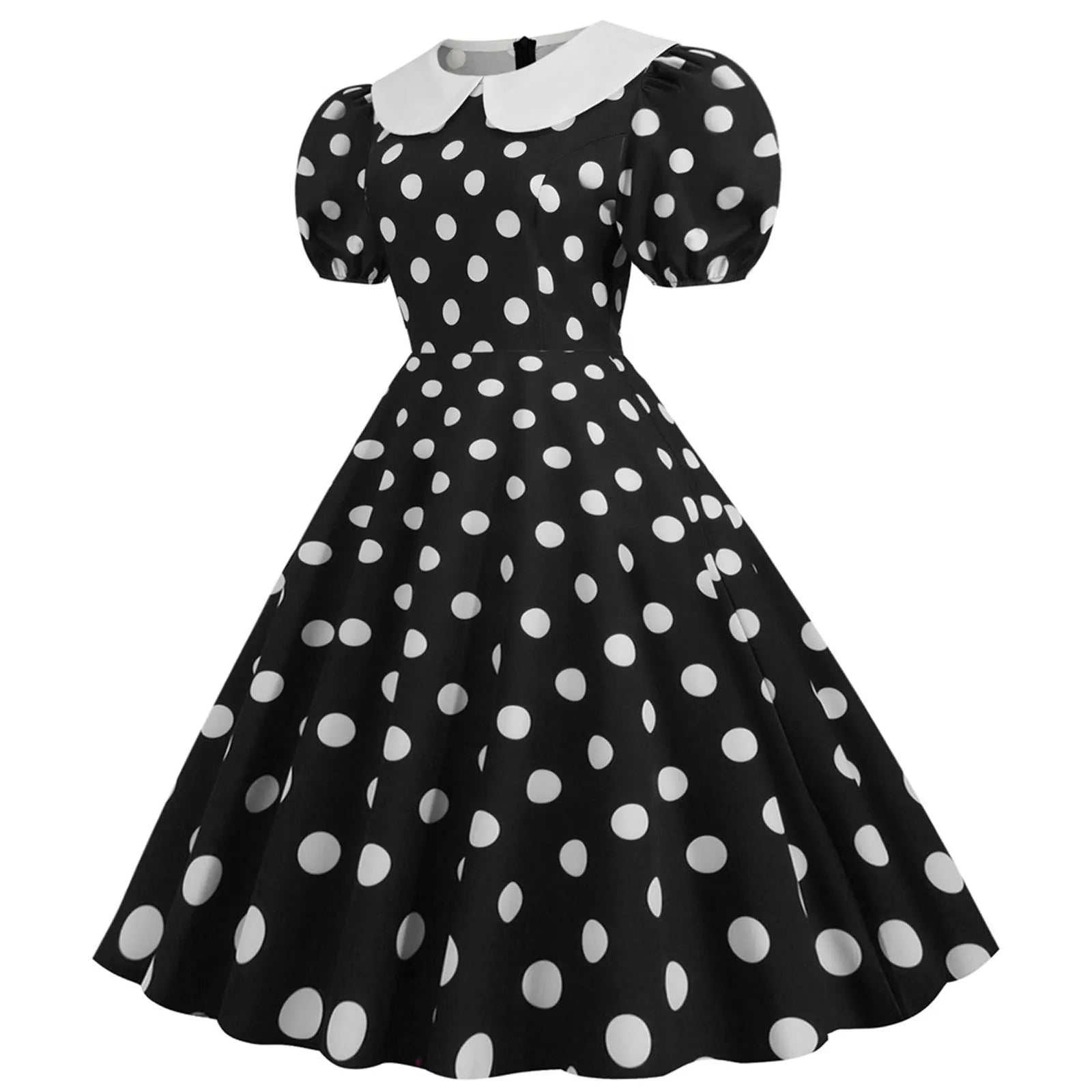 form-fitting dressJuliaFashion - Women Summer Polka Dot Print Short Sleeve Peter Pan Collar Casual Loose Party Vintage Midi Swing Robe Femme Dress