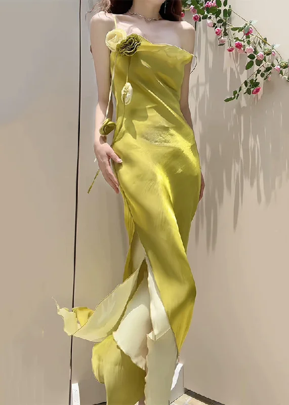 Year-End Sale New Yellow Side Open Solid Silk Spaghetti Strap Dress Sleeveless