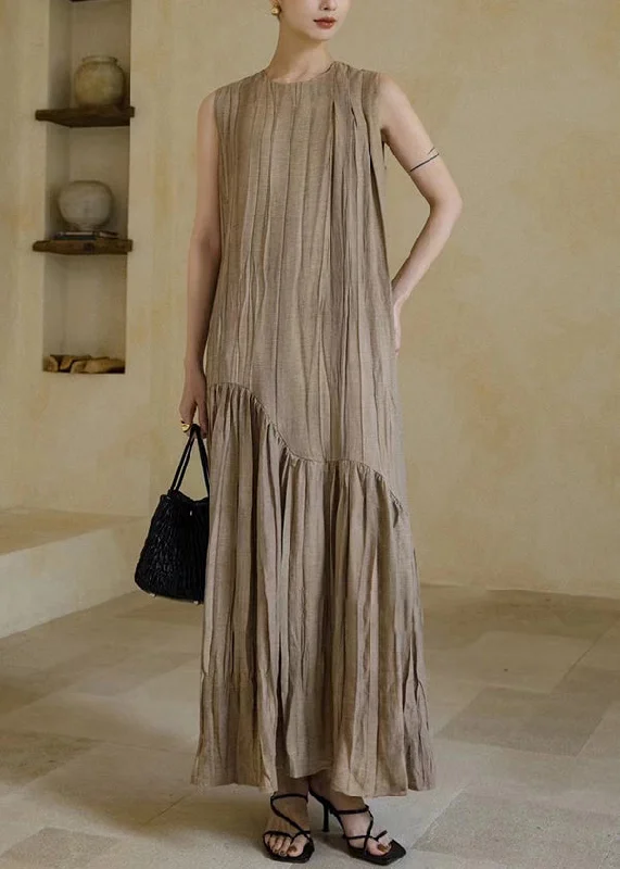 Bargain Bin New Khaki Solid Wrinkled Patchwork Cotton Long Dresses Sleeveless