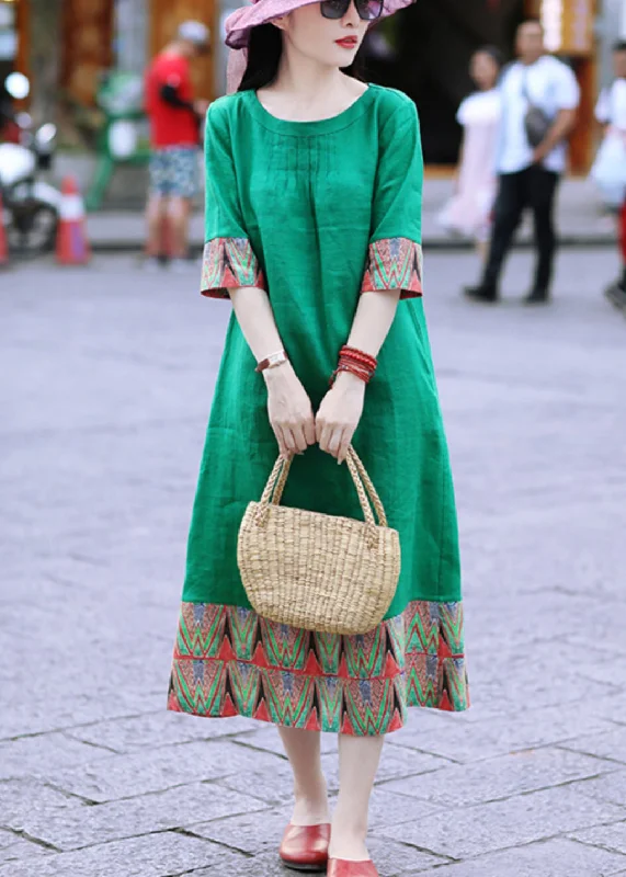 classic fit-and-flare dressElegant Green O Neck Patchwork Cotton Long Dresses Half Sleeve